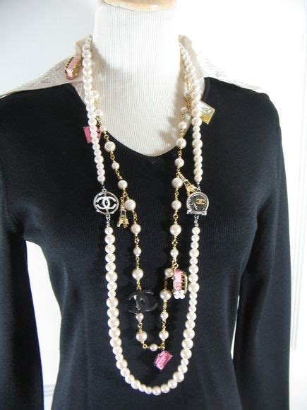 chanel white pearl crystal pendant eiffel tower paris|Chanel dress necklace.